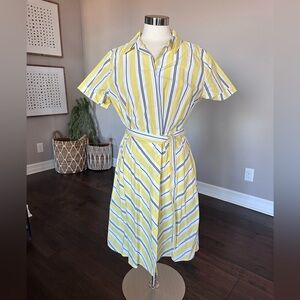 A New Day Cotton Retro Striped Cap Sleeve Button Up Shirt Dress Yellow LG NWTs